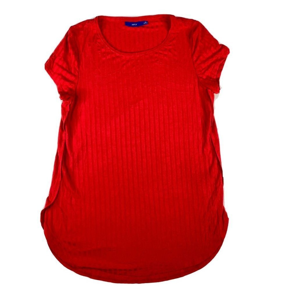 APT.9 Tunic Top Women XS Red Ribbed Stretch Knit Minimalist Preppy Career Casual